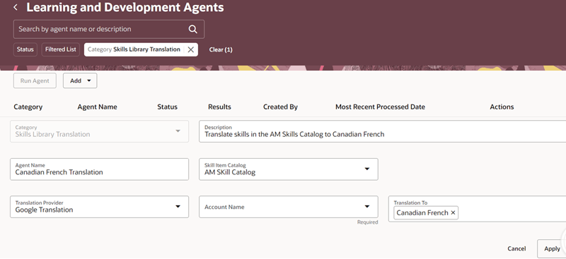 Configuring the Skills Library Translation Agent