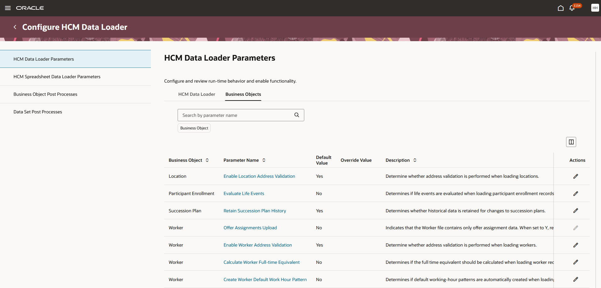 HCM Data Loader Parameters - Business Objects tab
