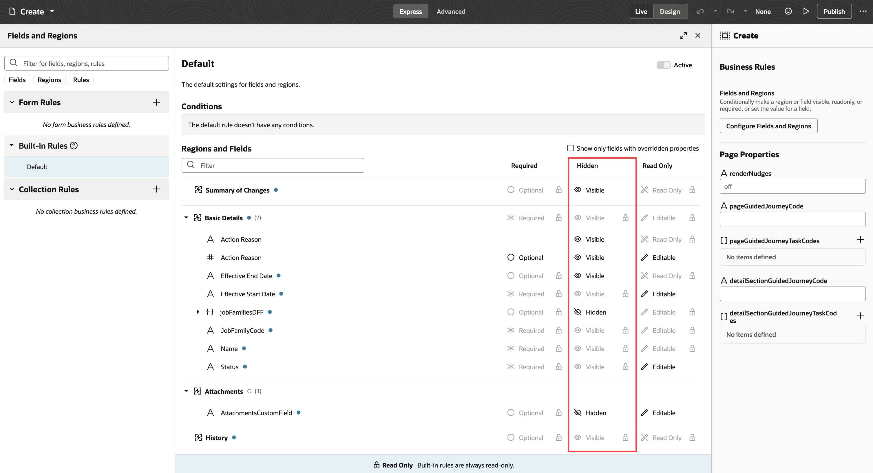 Hidden or Visible actions on the Job Family page