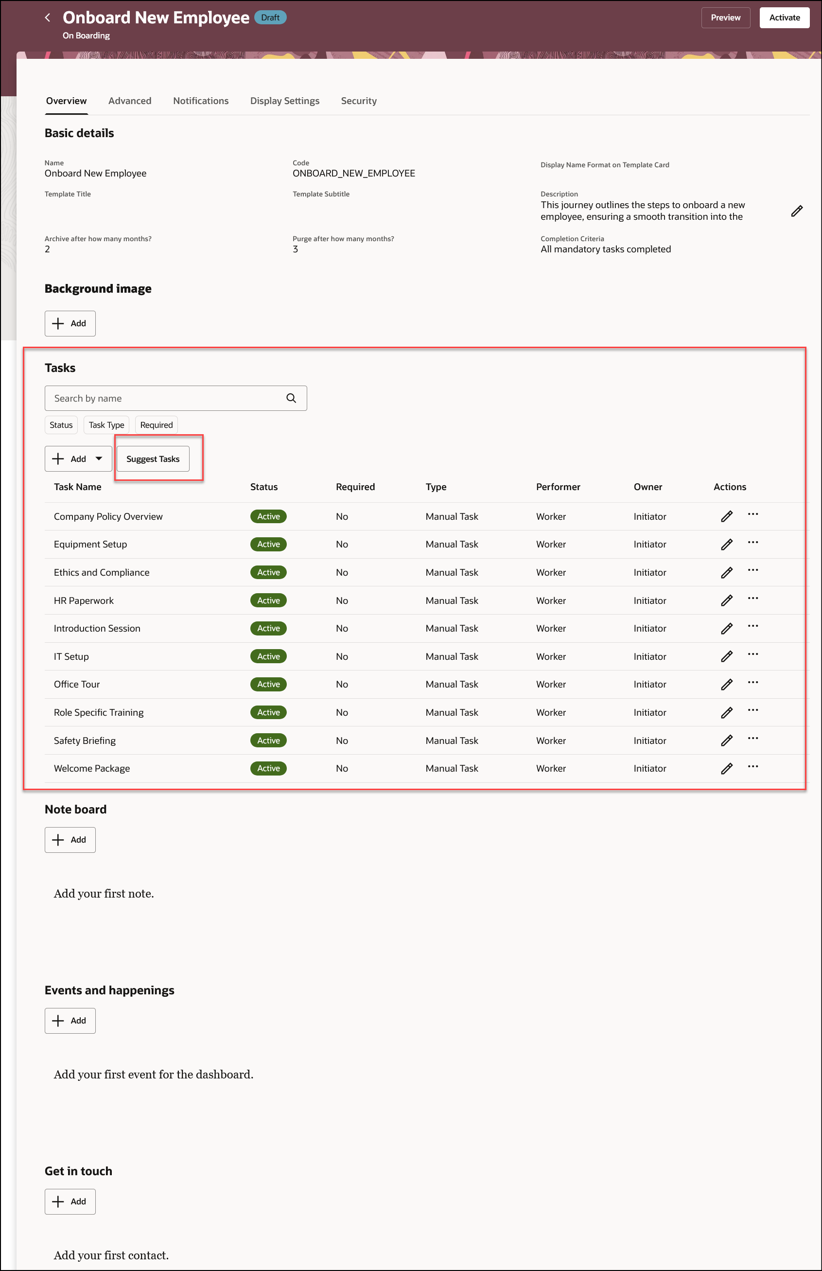 List of Selected Tasks and Option to Suggest Tasks for Existing Journey