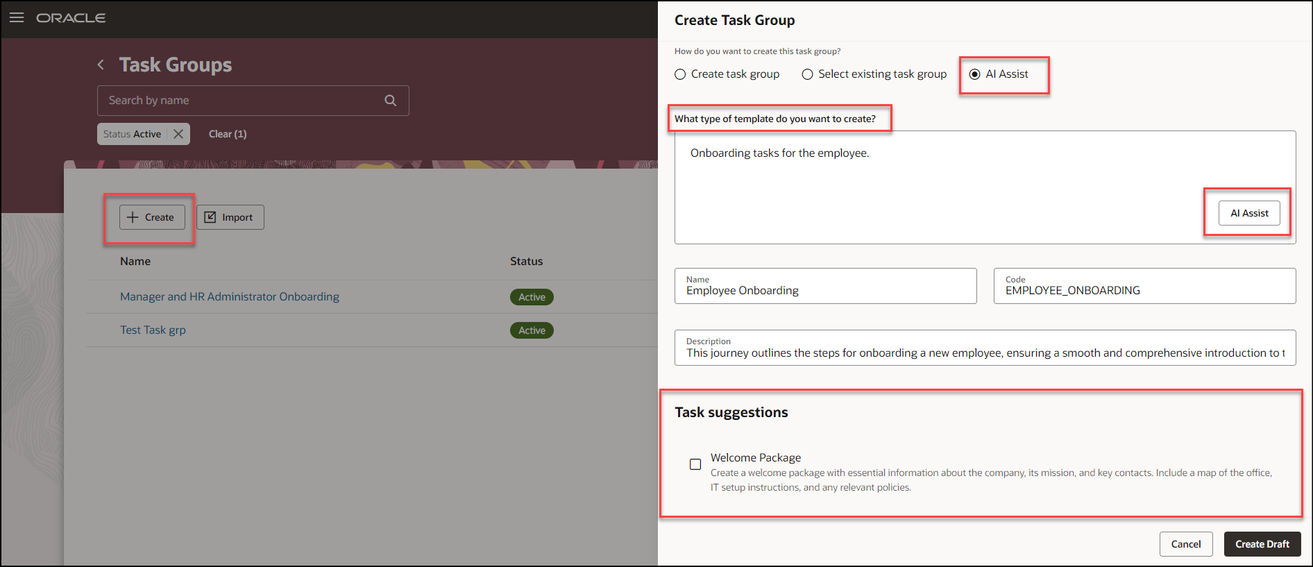 AI Assist Option When You Create Task Group