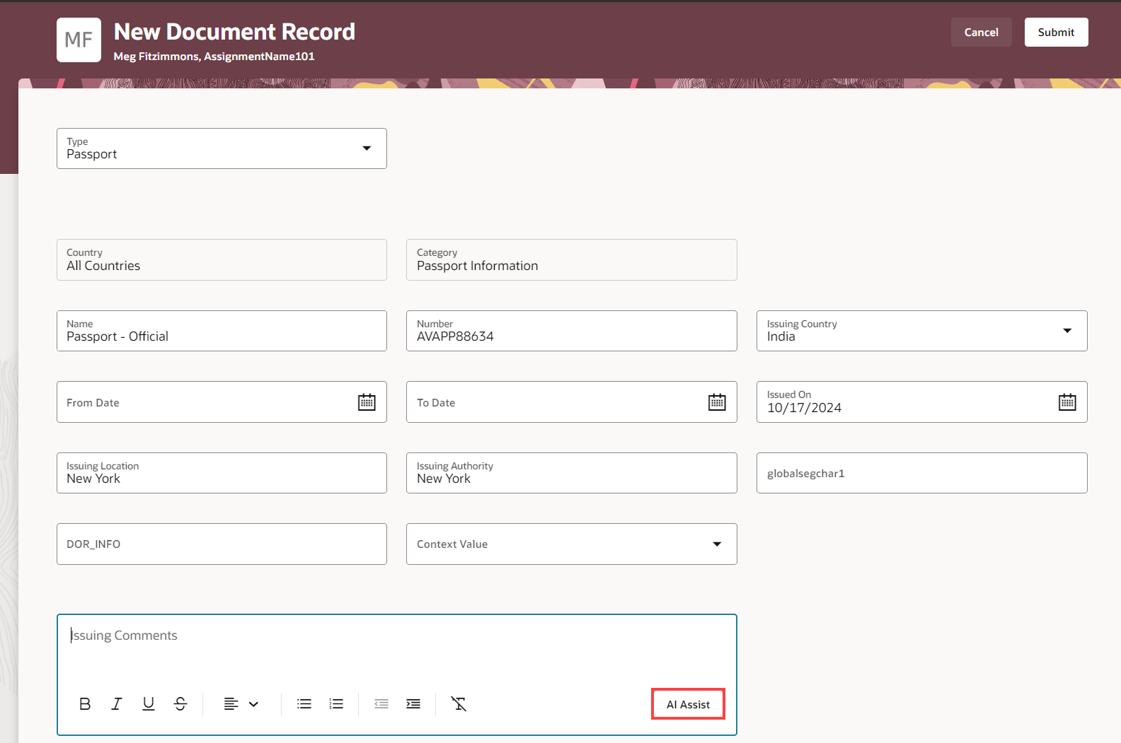 AI Assist button in the Issuing Comments field