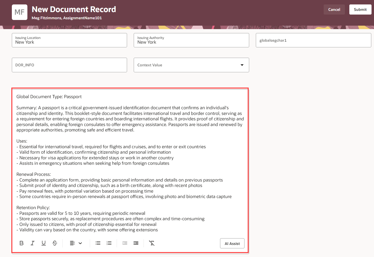 AI generated comments for passport document record