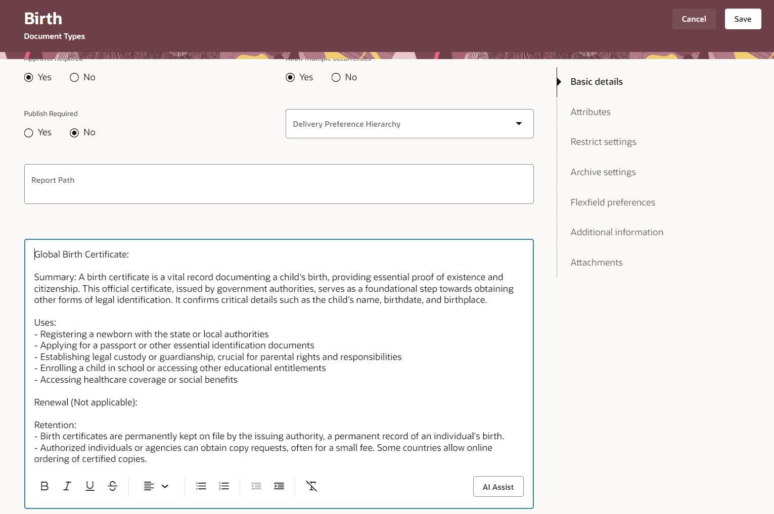 AI generated description for birth document type