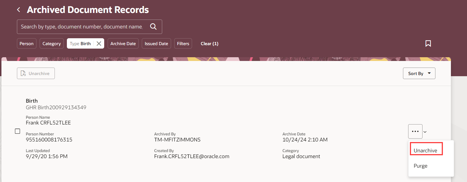 Unarchiving a single document record