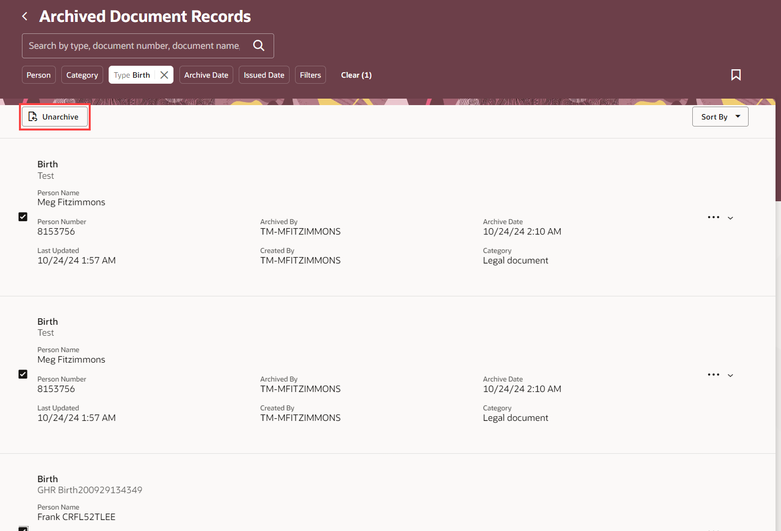 Archived Document Records page with the Unarchive button