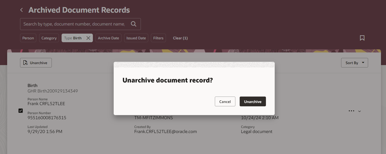 Unarchive Confirmation Dialog