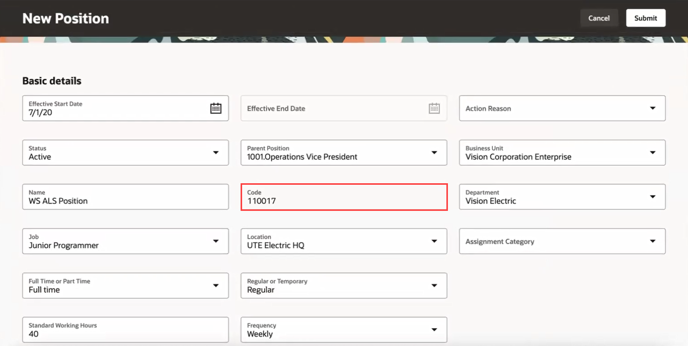 Code generated automatically in the New Position page
