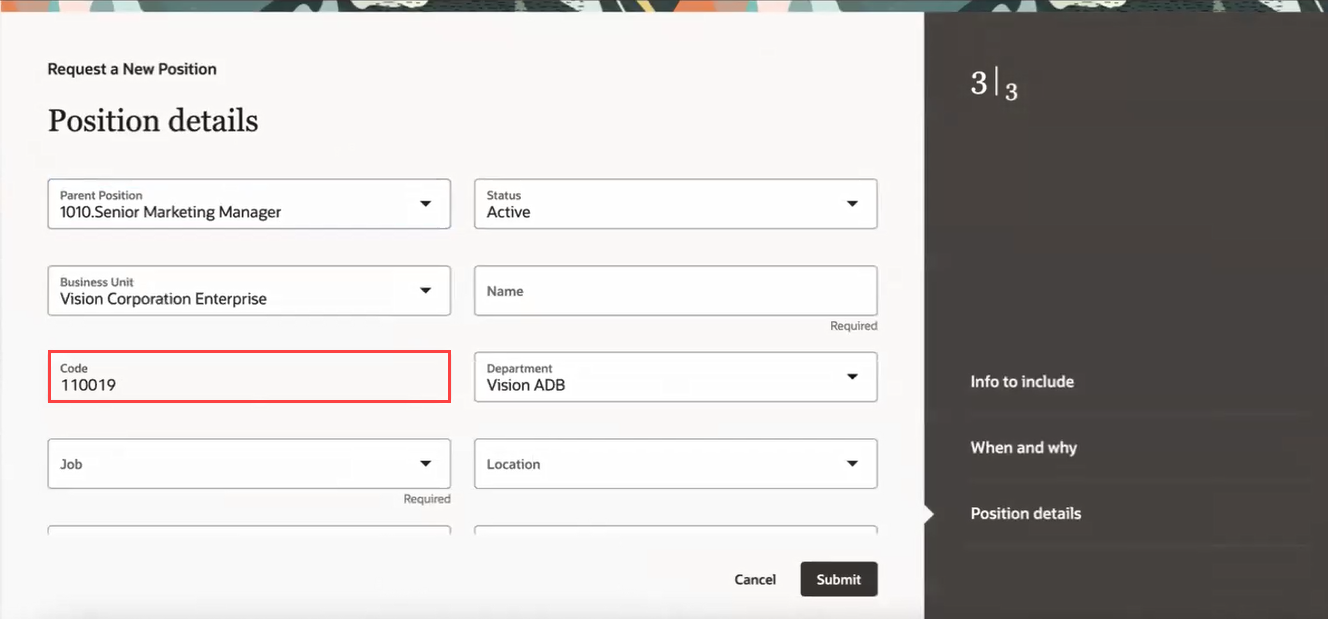Code generated automatically in the Request a New Position process