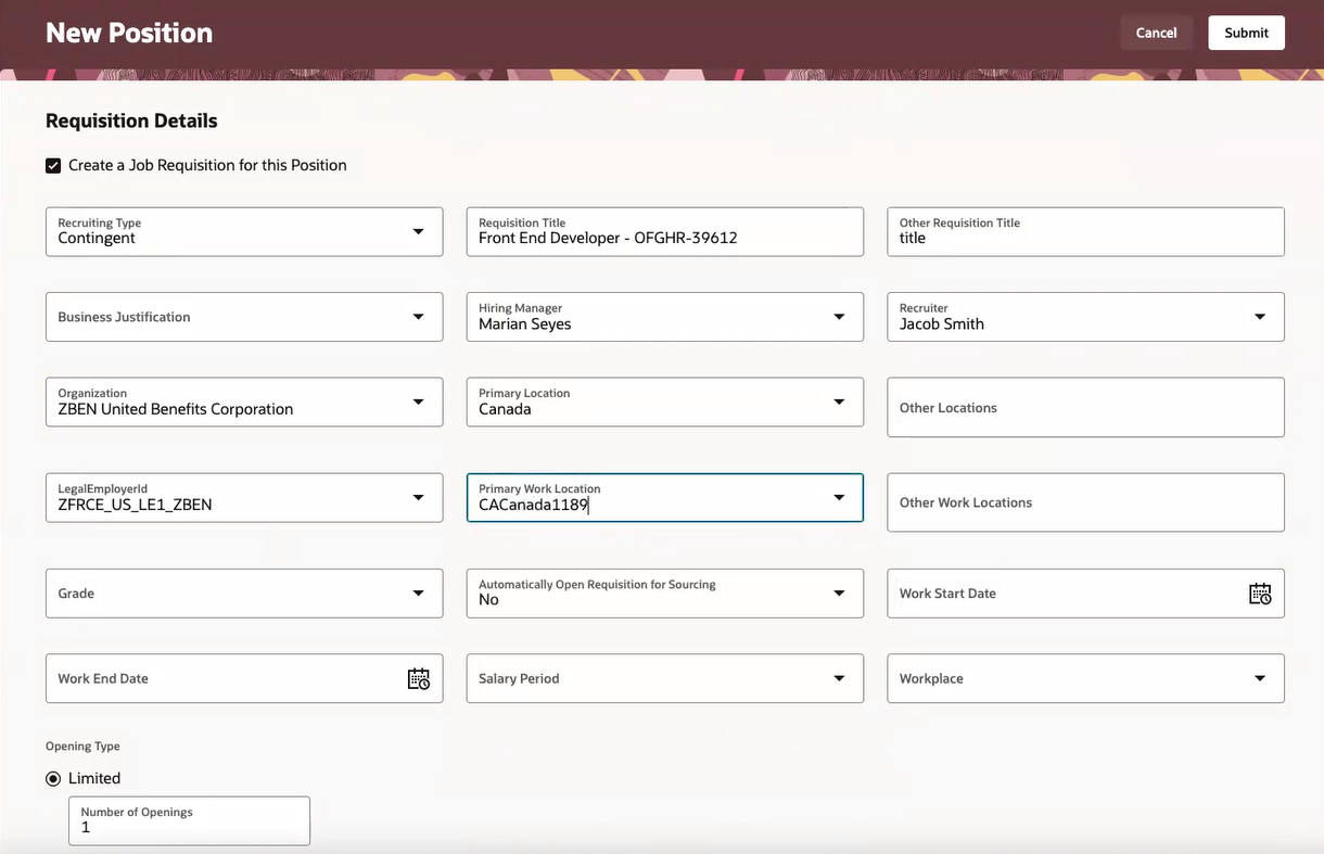 Fill in the Requisition Details for a New Position