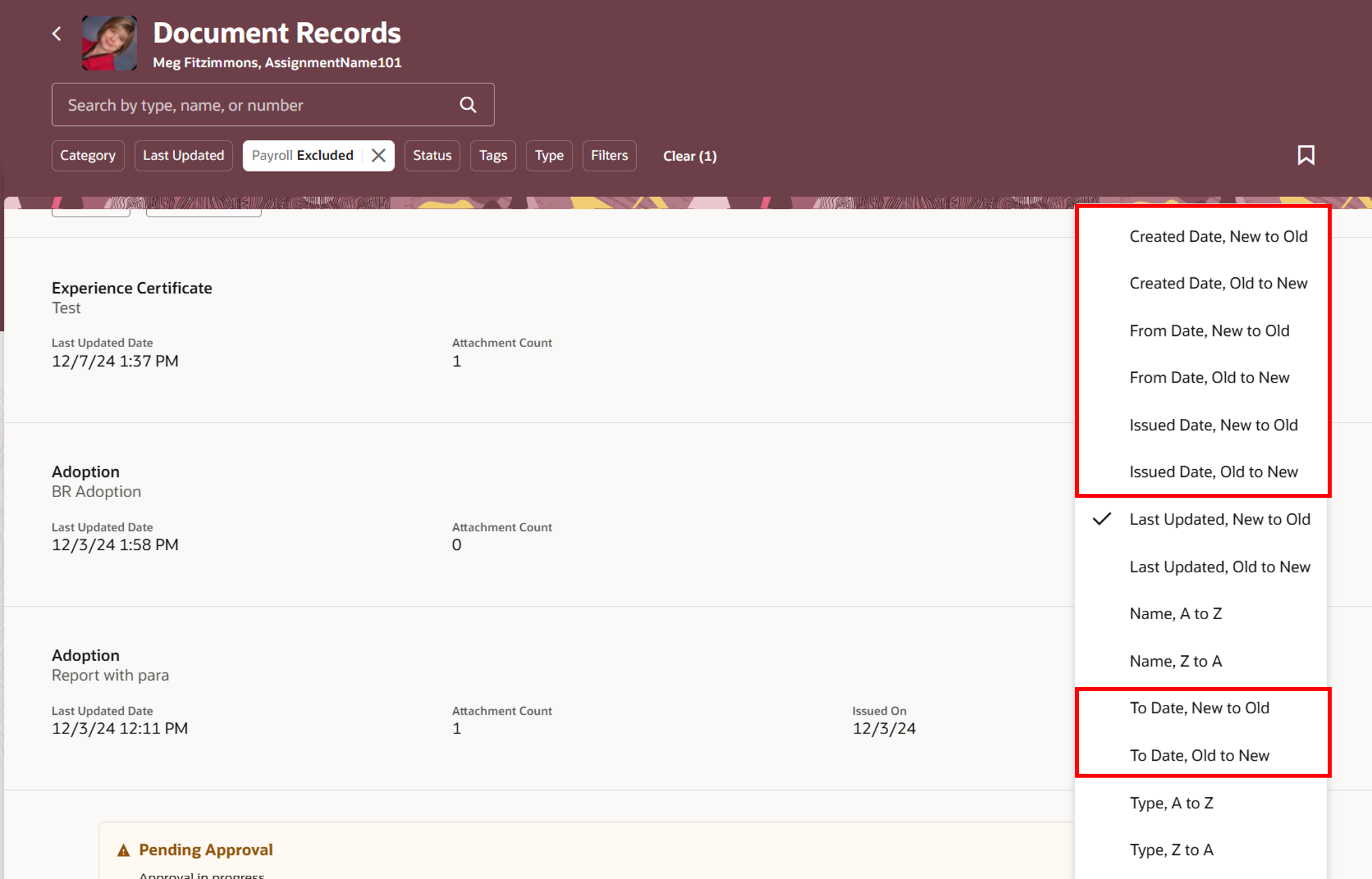 Additional Sort Options on Redwood Document Records Page