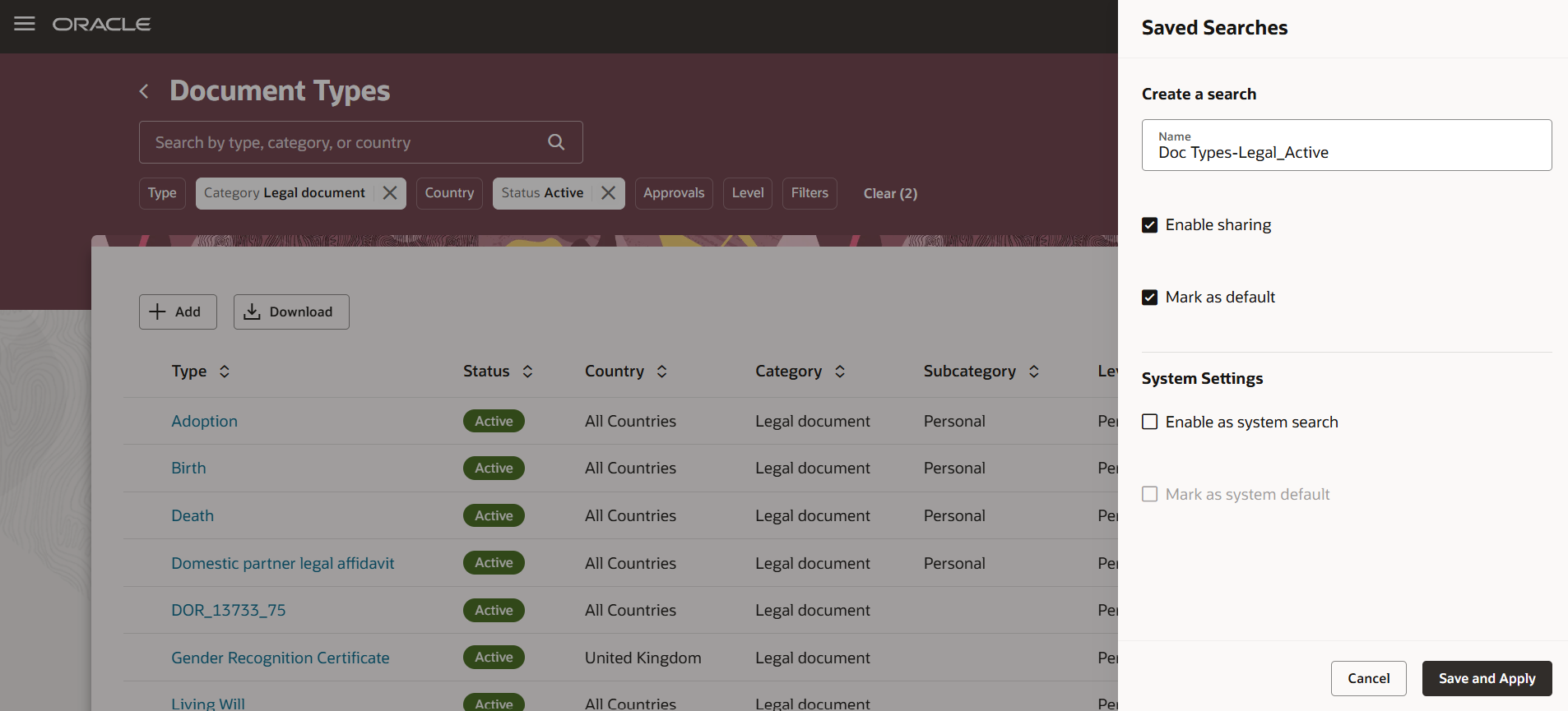 Saved Search on Redwood Document Types Page