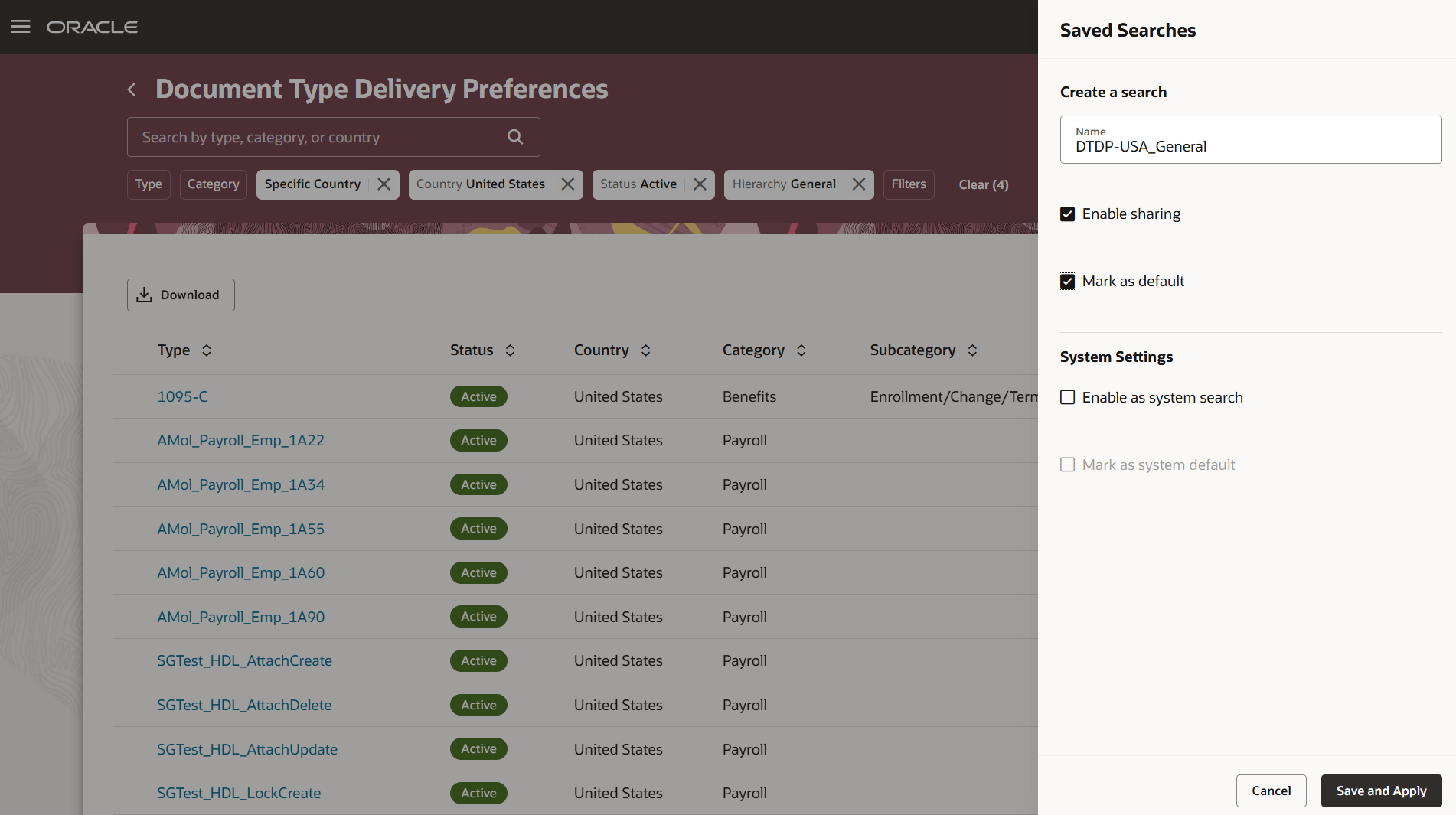 Saved Search on Redwood Document Type Delivery Preferences Page