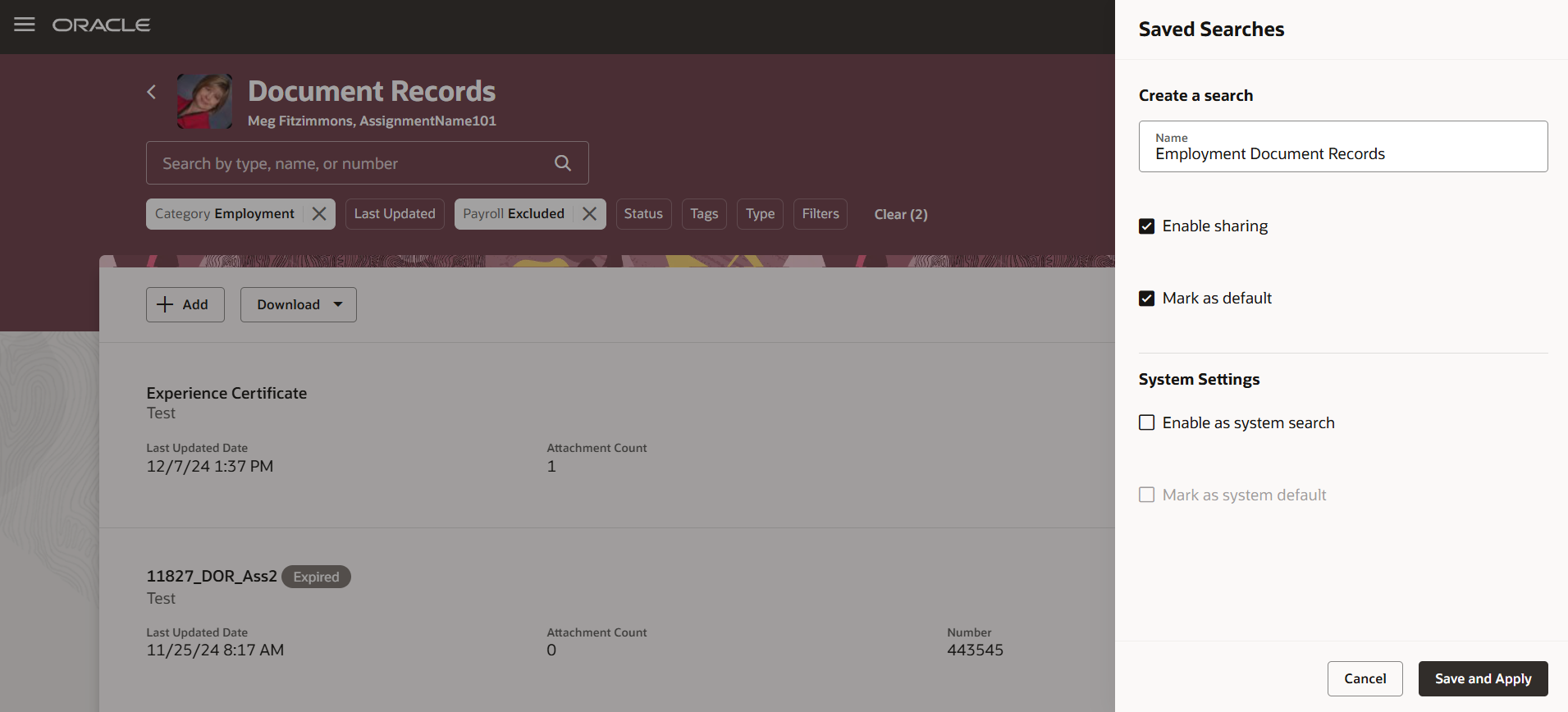 Saved Search on Redwood Document Records Page