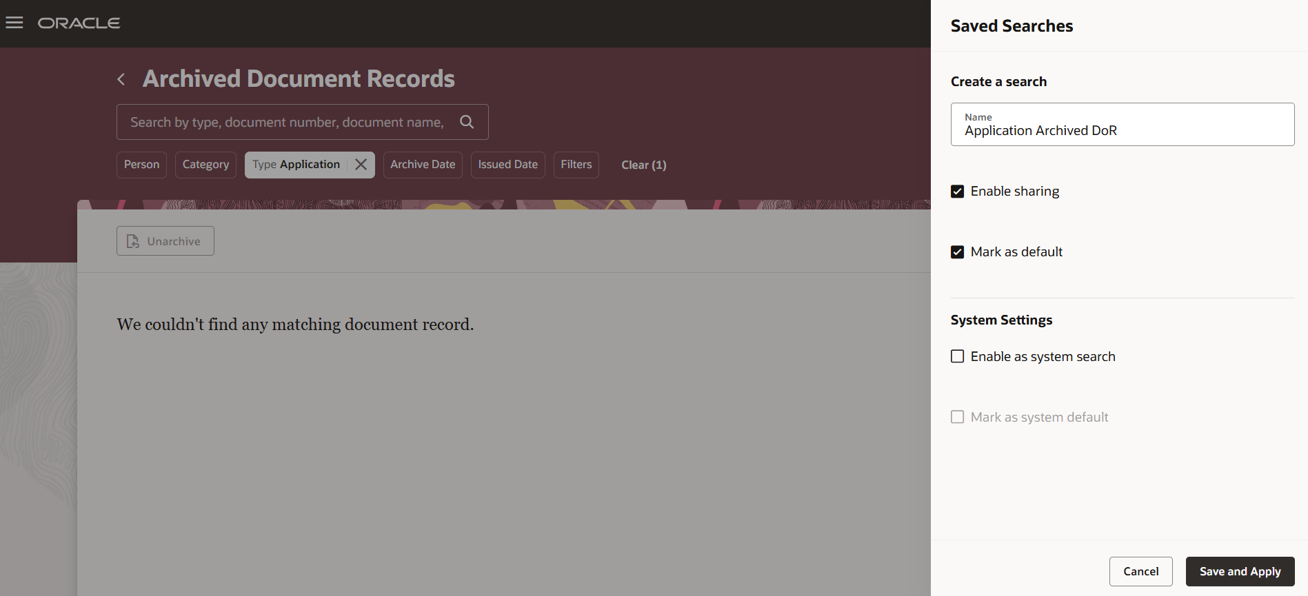 Saved Search on Redwood Archived Document Records Page