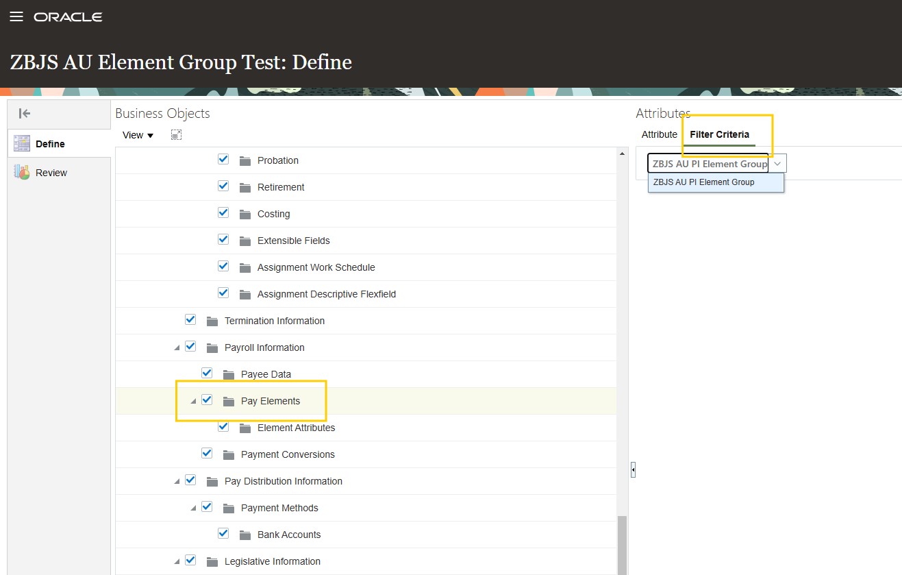 Screenshot showing the selection of Element Group as Filter Criteria