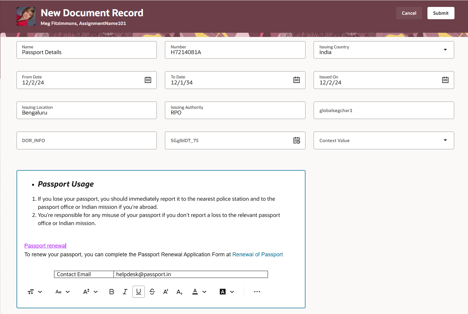 Enhanced Rich Text Editor with Added Capabilities for Document Record Issuing Comments