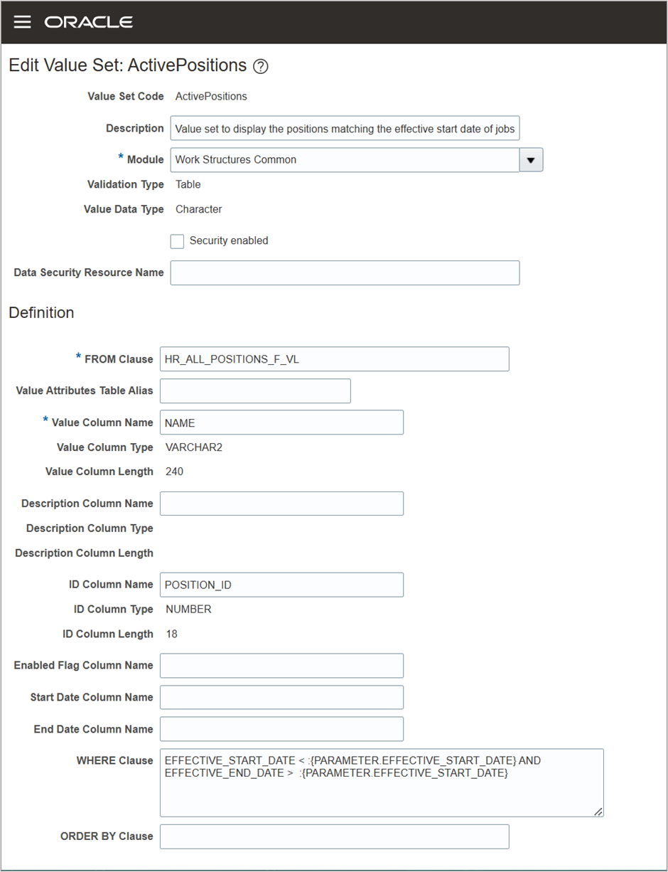 Value set defined for the Effective Start Date parameter