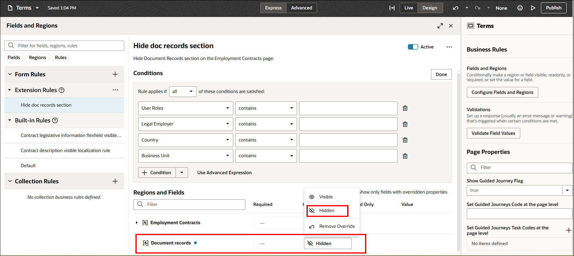 Extension rule to hide document records section