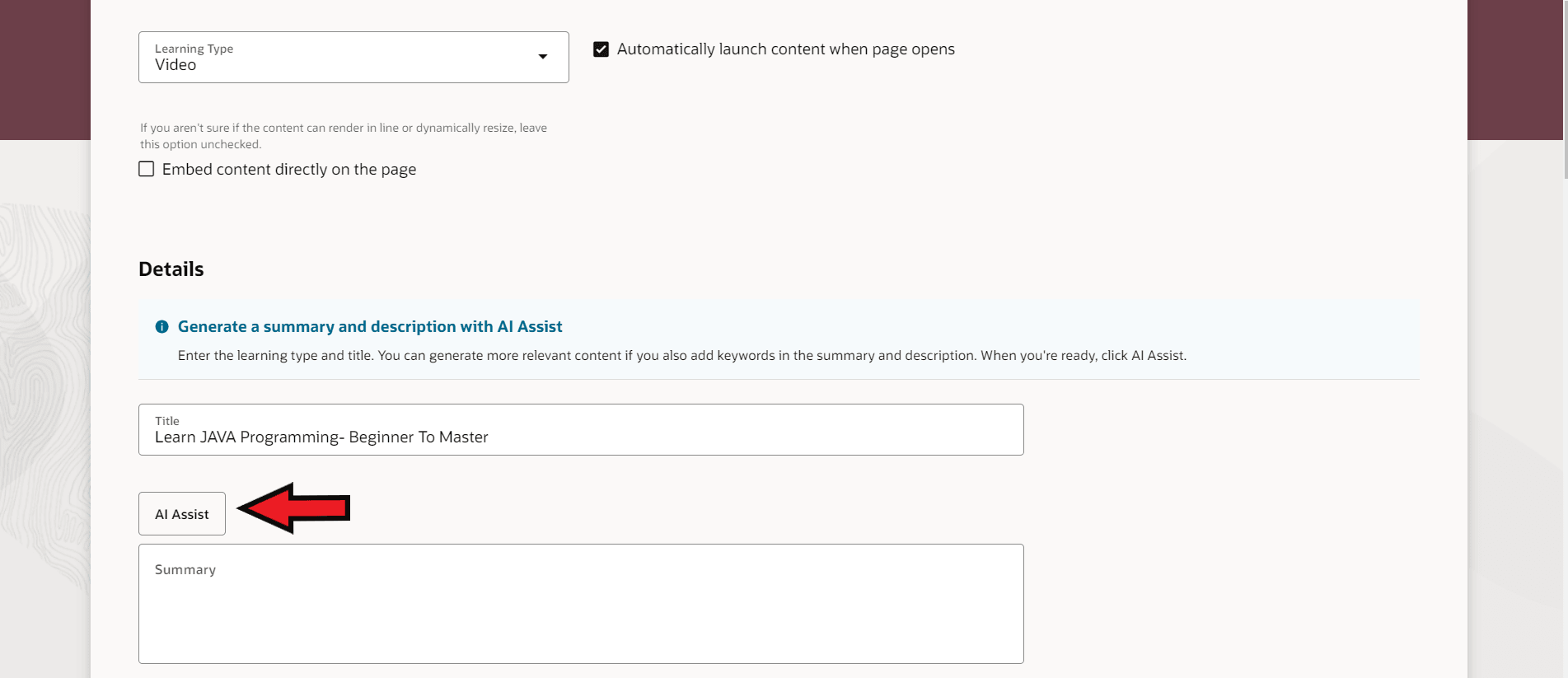 AI Assist Button Available Because the Required Learning Type and Title Were Provided