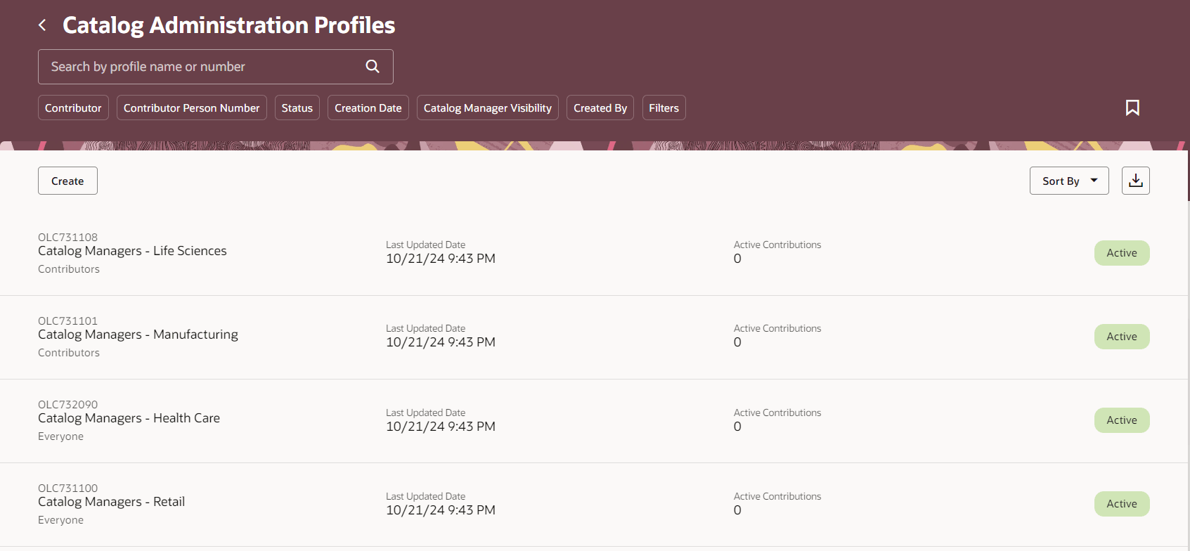 Catalog Administration Profiles Page
