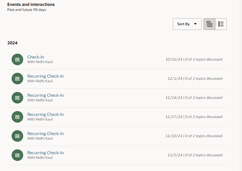 List view of events and interactions