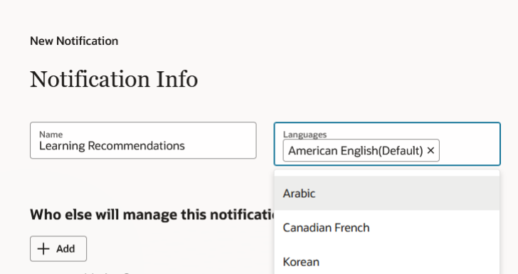 Screen capture shows the Notification Info page where you can select the languages.