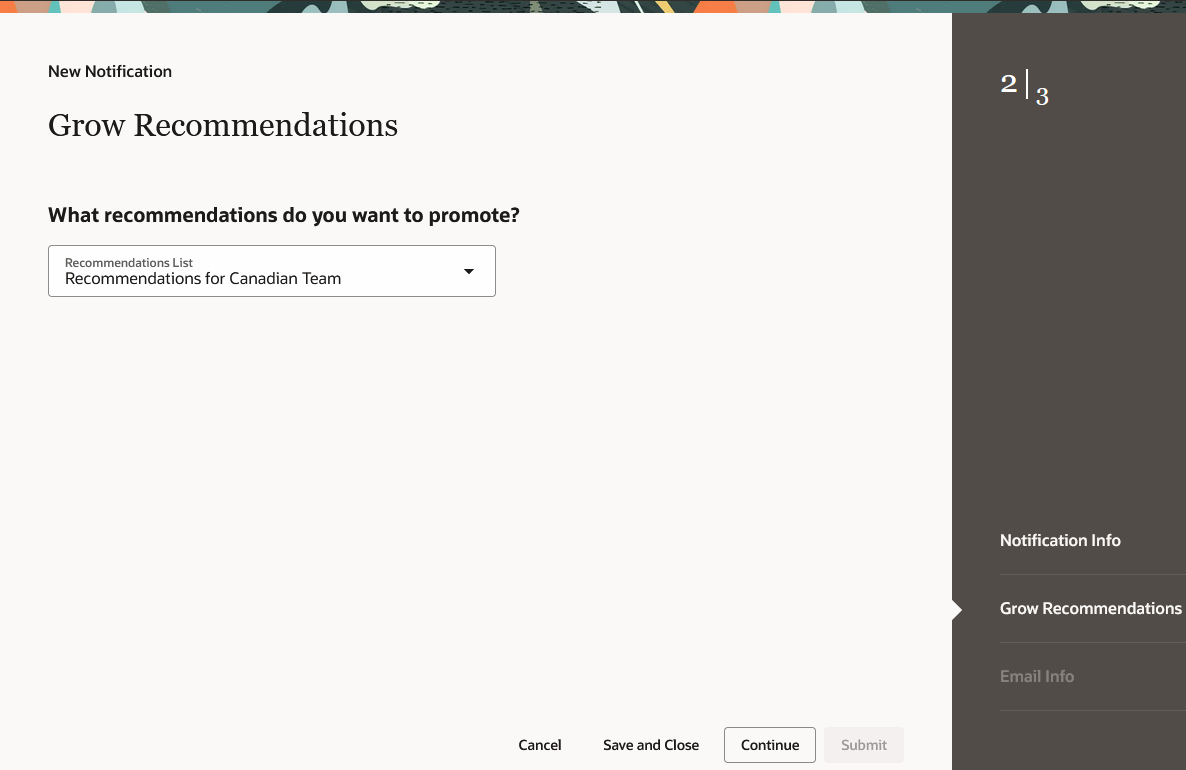 Screen capture shows the Grow Recommendations page where you select the list of recommendations.