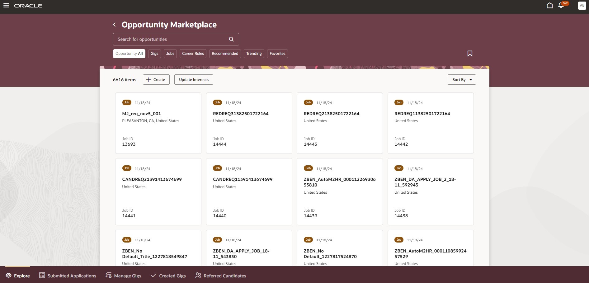 This screen capture shows the Opportunity Marketplace page with the new Gig Admin tab.