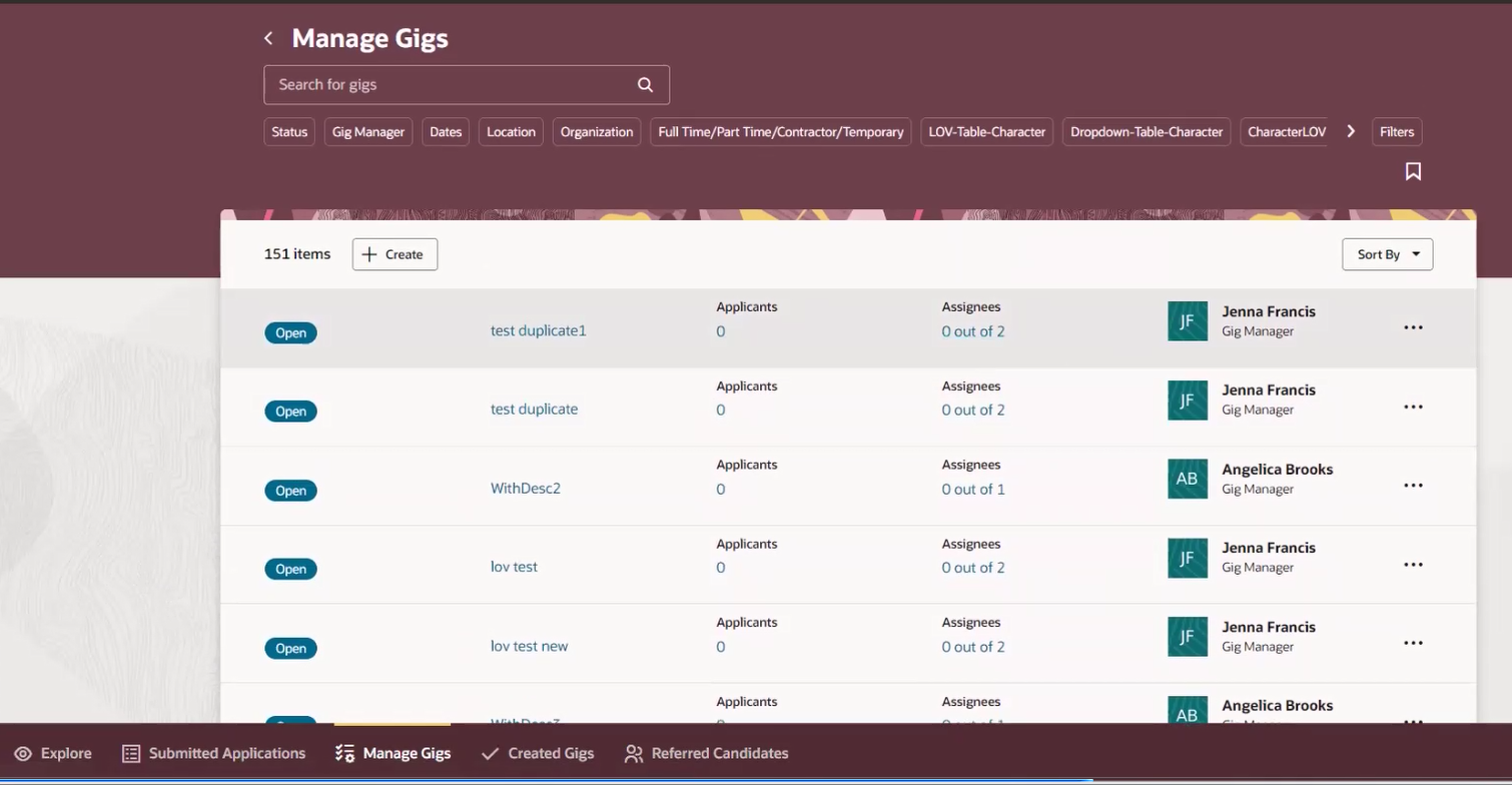 This screen capture shows the new Manage Gigs Page