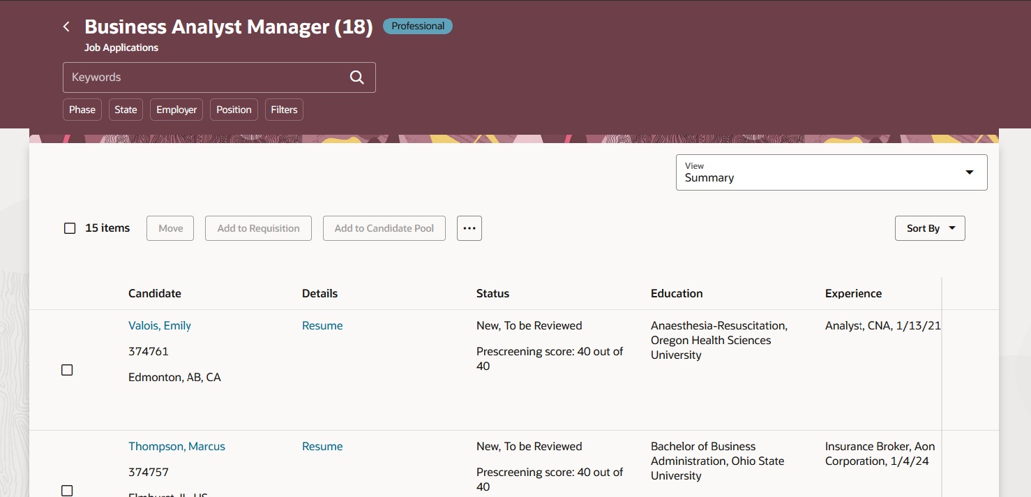 Image showing a Job Applications list