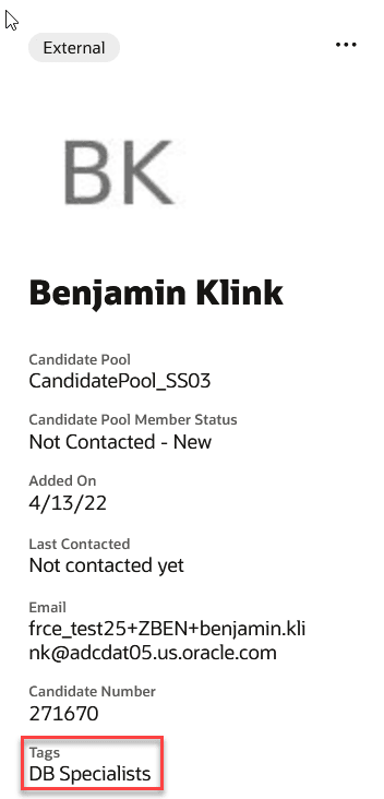 Image showing the tags added to a candidate with the Tags field highlighted
