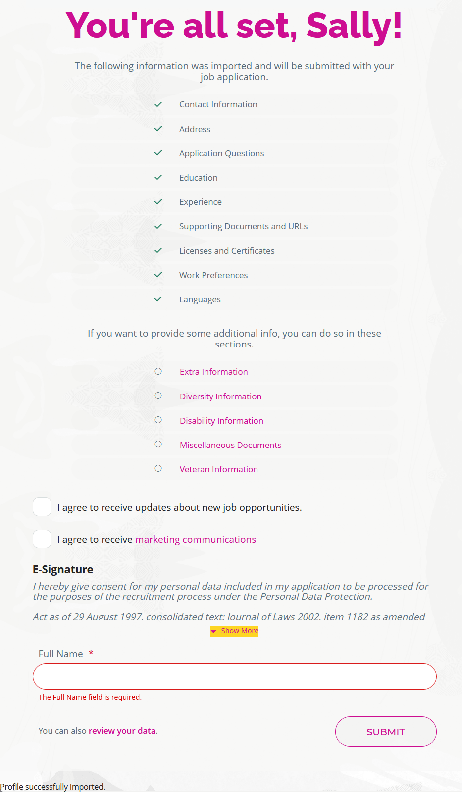 Screen capture showing the Application Submitted page.