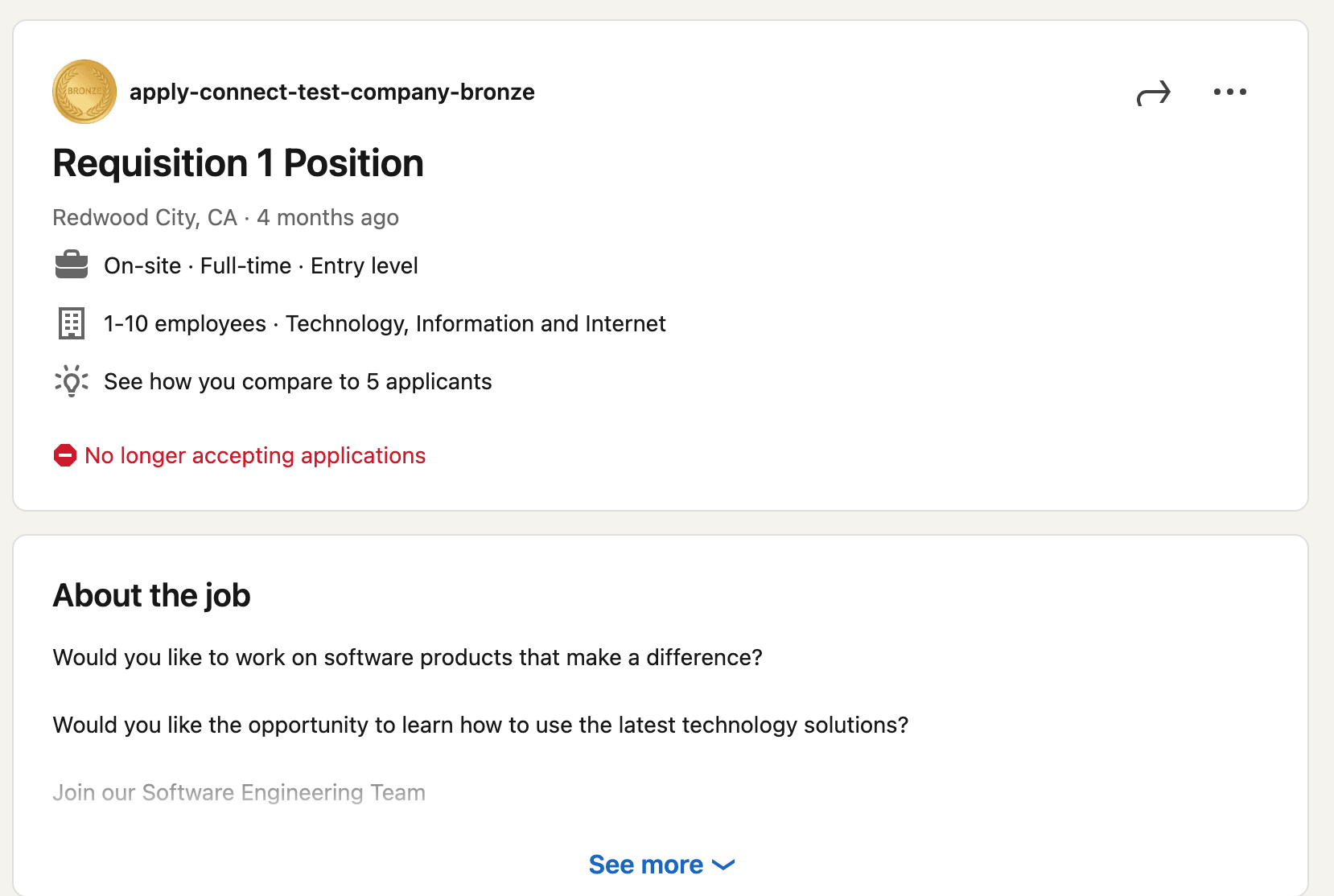 Screenshot showing the No Longer Accepting Applications message in LInkedIn site