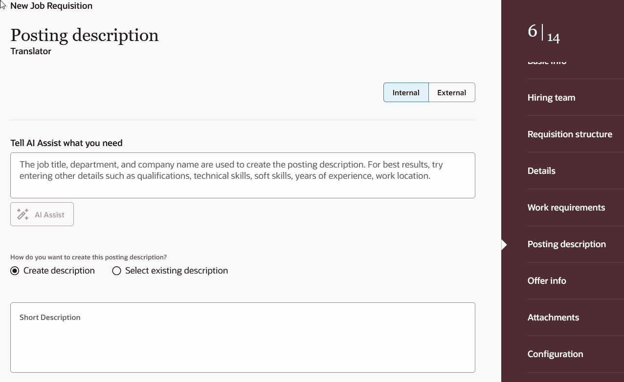 Image showing the job requisition Posting Description with the AI Assist feature