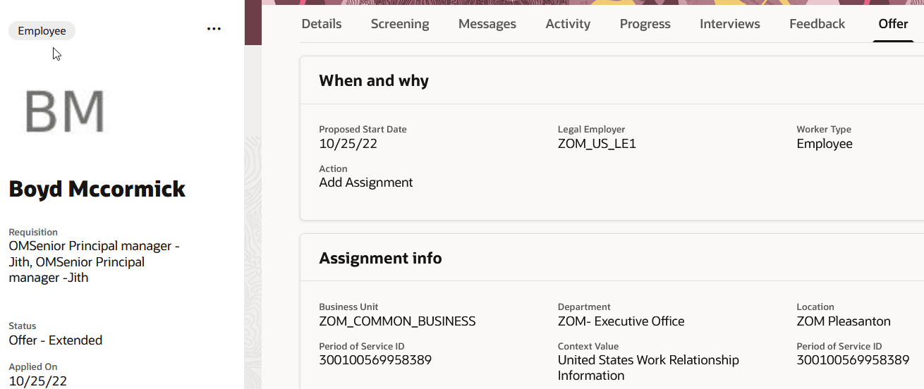 Offer Tab in Candidate Application
