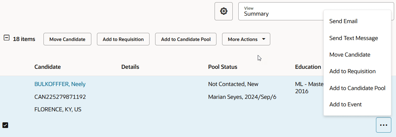Image showing the row-level actions for candidate pool members