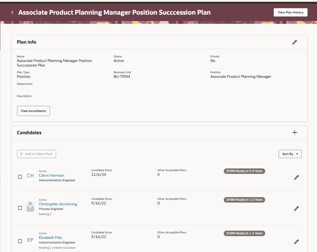 Screenshot of a succession plan with the Plan Info and Candidates section
