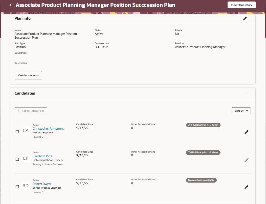 Screenshot of the same succession plan with the Plan Info and Candidates section. The candidate whose employment is terminated is not listed.