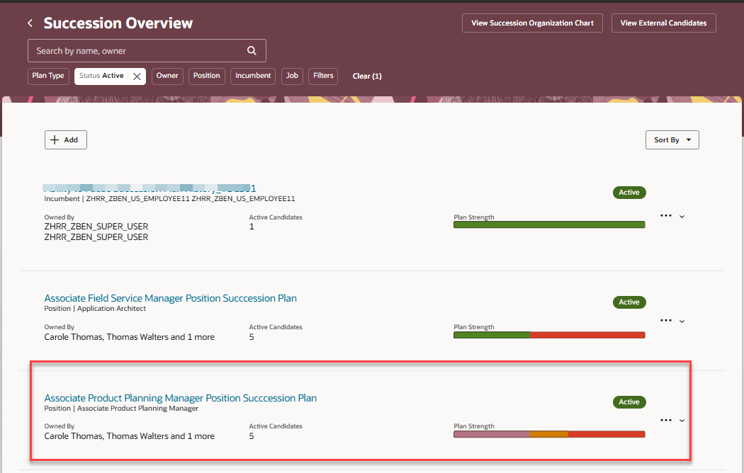 Screenshot of the Succession Overview page with the summary of a succession plan highlighted. 