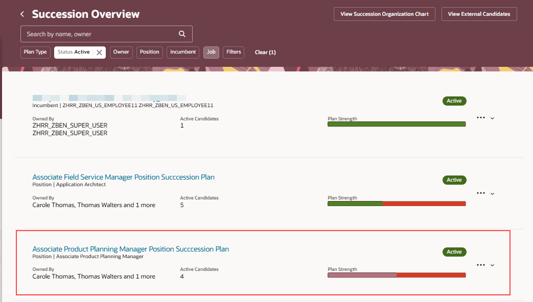 Screenshot of the Succession Overview page with the summary of a succession plan highlighted. The active candidates count has reduced and the plan strength bar also has changed.