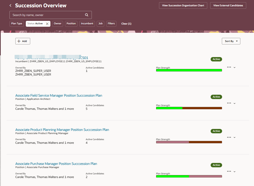 Screenshot showing the changed plan strength indicators after color configuration on the Succession Overview page