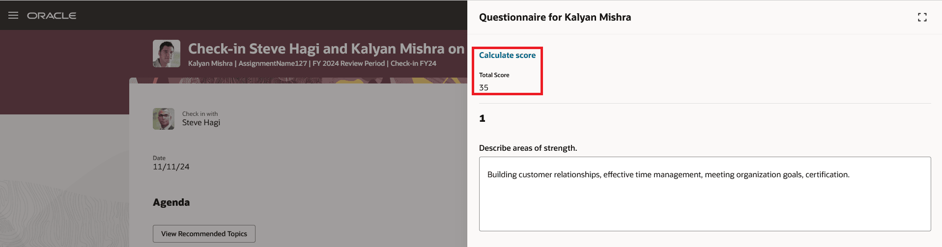 Screenshot of Check-in template panel drawer with Calculate score highlighted for questionnaire response.