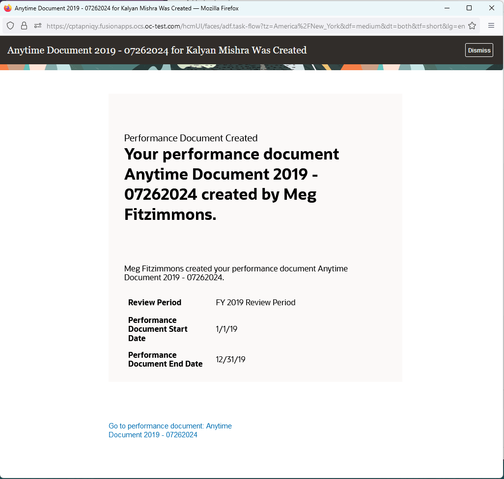 Screenshot of Redwood BIP notification sent for Performance document creation.