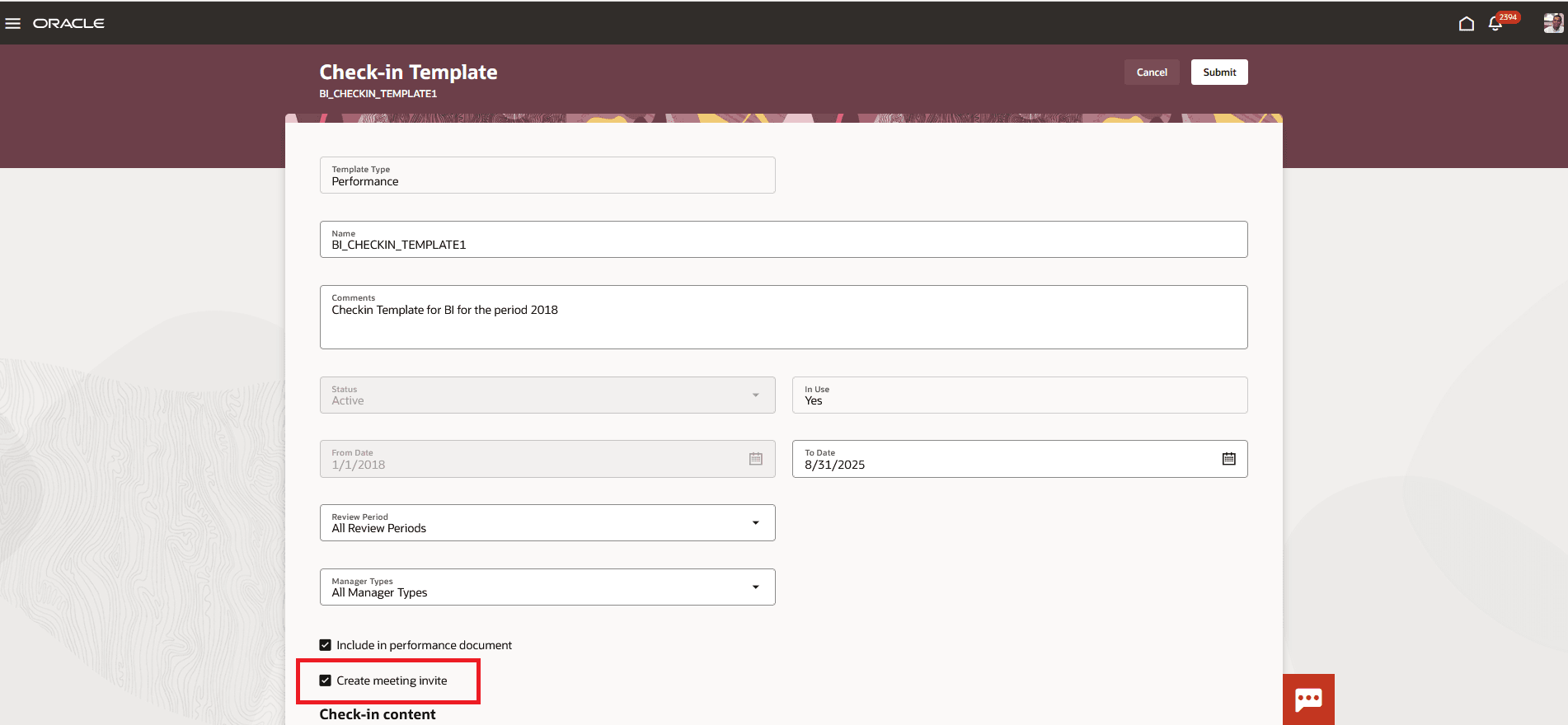Screenshot of Cehck-in Template page with Create meeting invite check box selected.