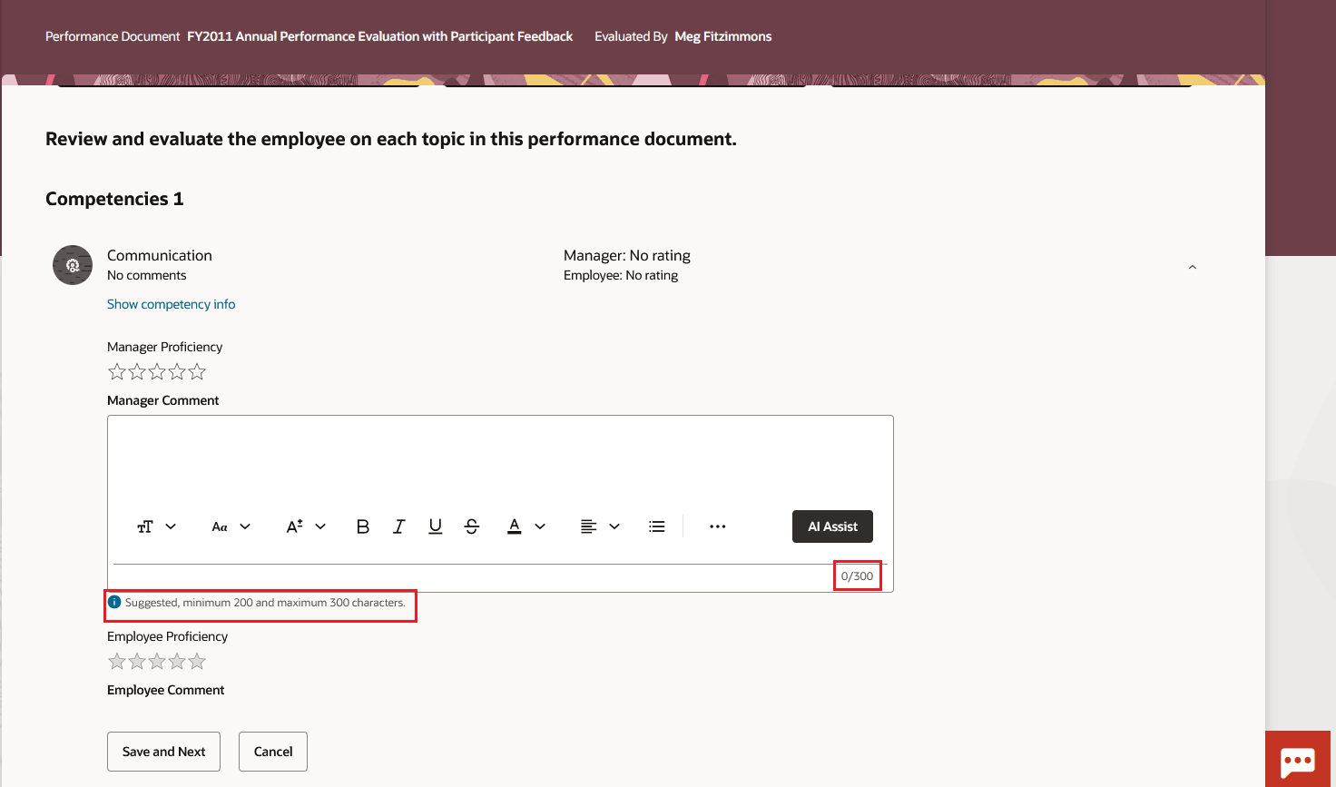 Screenshot that displays the character count and the validation text that displays for the Manager Comments field.
