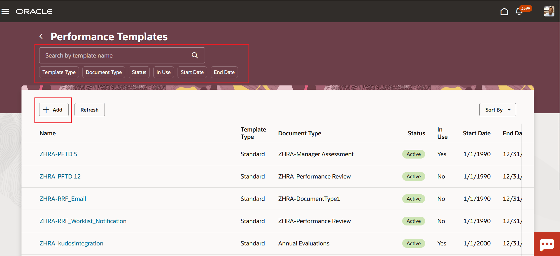 Screenshot that shows the Redwood Performance Templates page with the search filters and Add button highlighted.