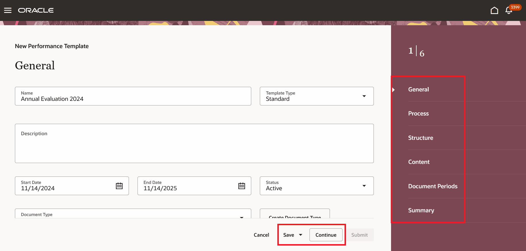 Screenshot that shows the Redwood Performance Template page with the steps and Save buttons highlighted.