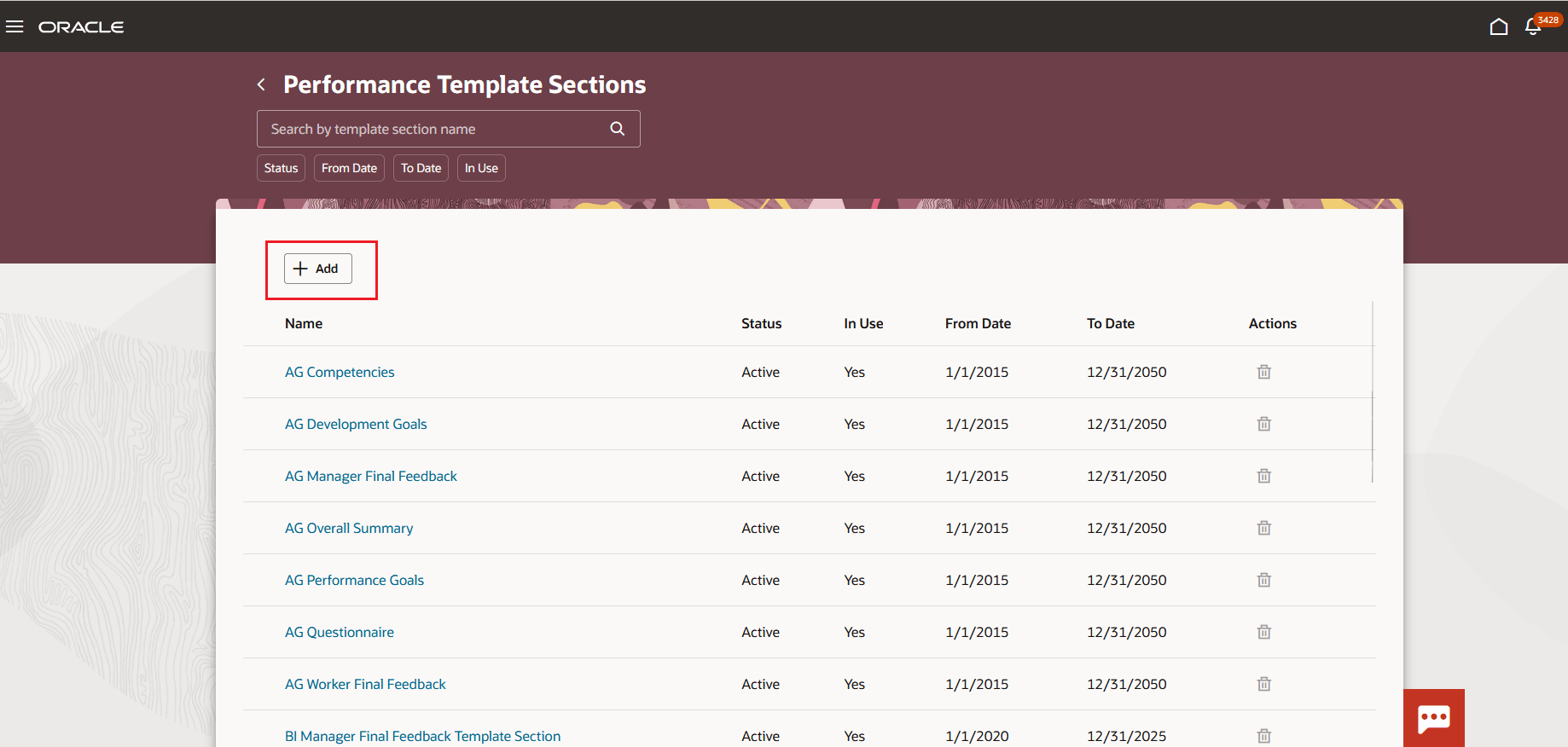 Screenshot that shows the Redwood Performance Template Sections page with the Add button highlighted.