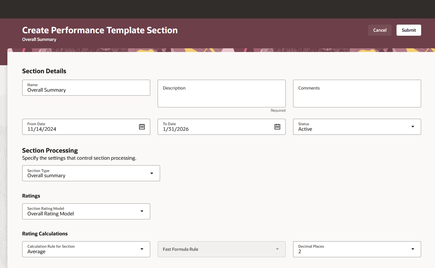 Screenshot that shows the Redwood Performance Template Sections page when creating a new template section.